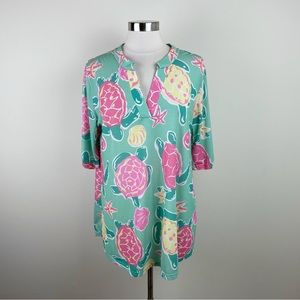Simply Southern Green Pink Sea Turtle Short Sleeve Top Women Medium Boho